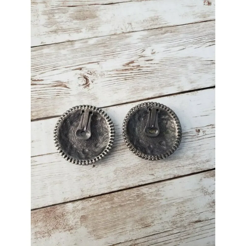 Vintage Clip On Earrings - Greeny Blue Large Circle Statement